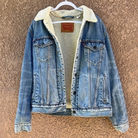 Levi’s Original Sherpa Trucker Jean Jacket Blue Hand Painted Art Upcycled‎ Denim - Picture 1 of 16